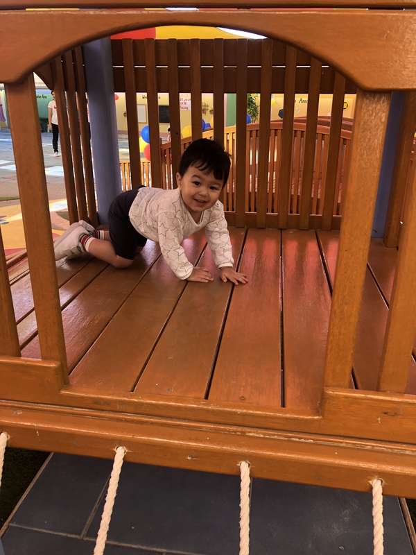 Toddler crawling inside climbing playground set